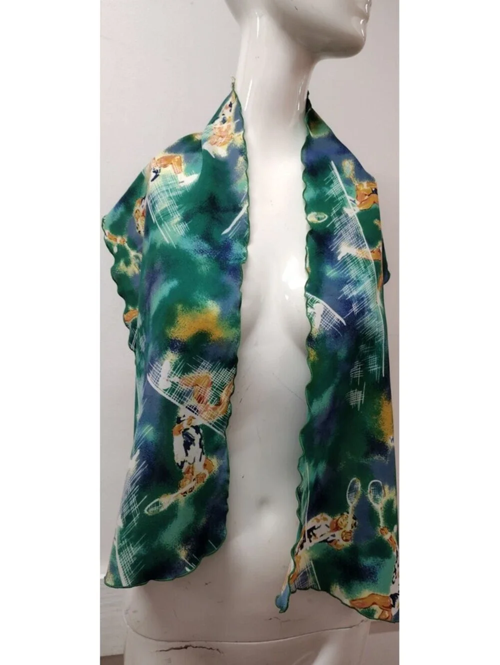 Vintage 60s 70s Oblong Long Scarf TENNIS PLAYERS Green White Blue Lettuce Edge